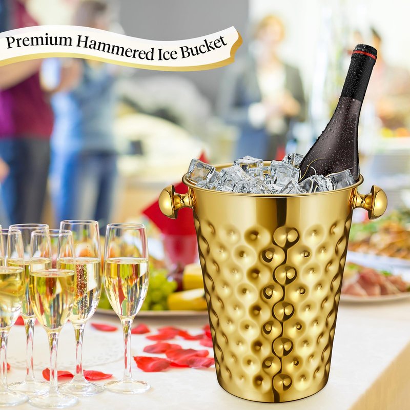 MorningRo 2 Pcs Gold Metal Champagne Ice Bucket 4.7 L Stainless Steel Doublewall Wine Ice Bucket for Bar, Party, Wedding, Banquet, Outdoor, BBQ(Hammer Texture)