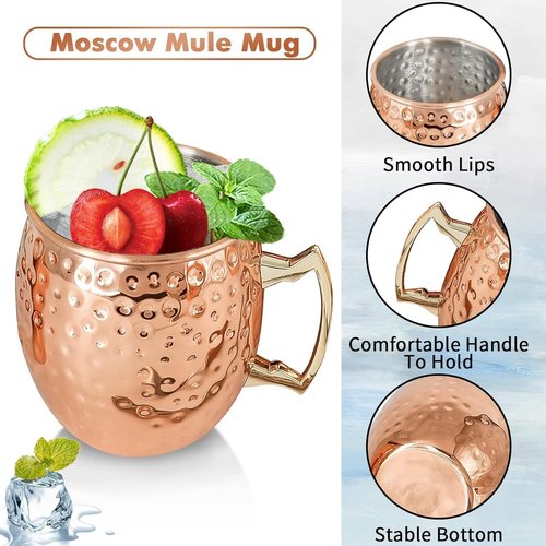 Moscow Mule Mugs Set of 12 Plated Copper Mule Mugs 18oz Bulk Large Hammered Stainless Steel Cups with 1pcs 0.5oz Double Jigger 12pcs Stainless Steel Straws for Cold Chilled Drinks Cocktails
