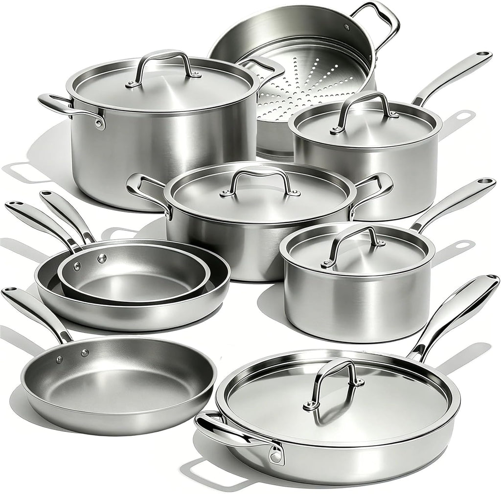 Umite Chef Stainless Steel Cookware Set - 14-Piece 5-Ply Induction Pot and Pan Set | Heavy-Duty, Oven Safe, PFOA-Free