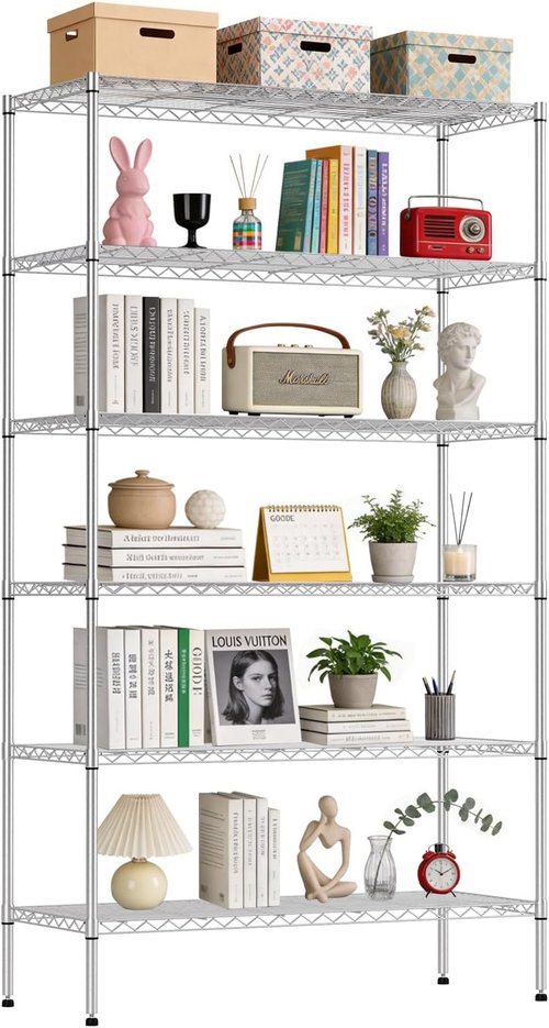 BestOffice 6-Tier Wire Storage Shelves with Wheels - Heavy-Duty Metal | Adjustable Chrome Racks | 18x45x82 | Holds Up to 2100 lbs | Easy No-Tool Assembly for Home & Garage