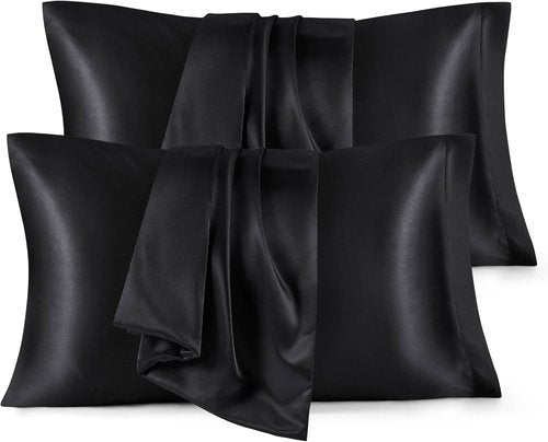 Bedsure King Size Satin Pillowcase Set of 4 - Black Silk-Like Pillow Covers for Hair & Skin | 20x36 Inches