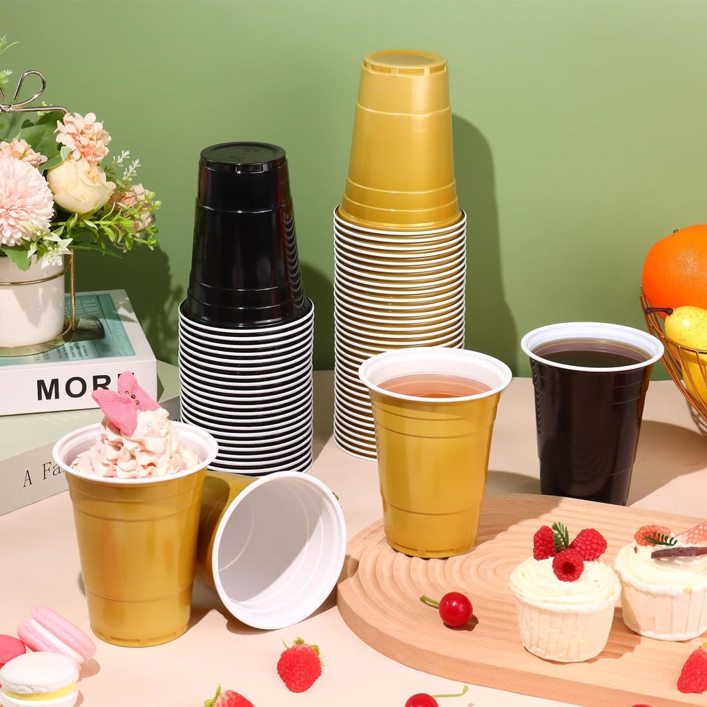 KesaPlan 50PCS 16 oz Plastic Cups Graduation Cups Black and Gold Disposable Party Cup Bulk for Party Graduation Wedding Birthday Halloween Family Gatherings and Festive Celebrations