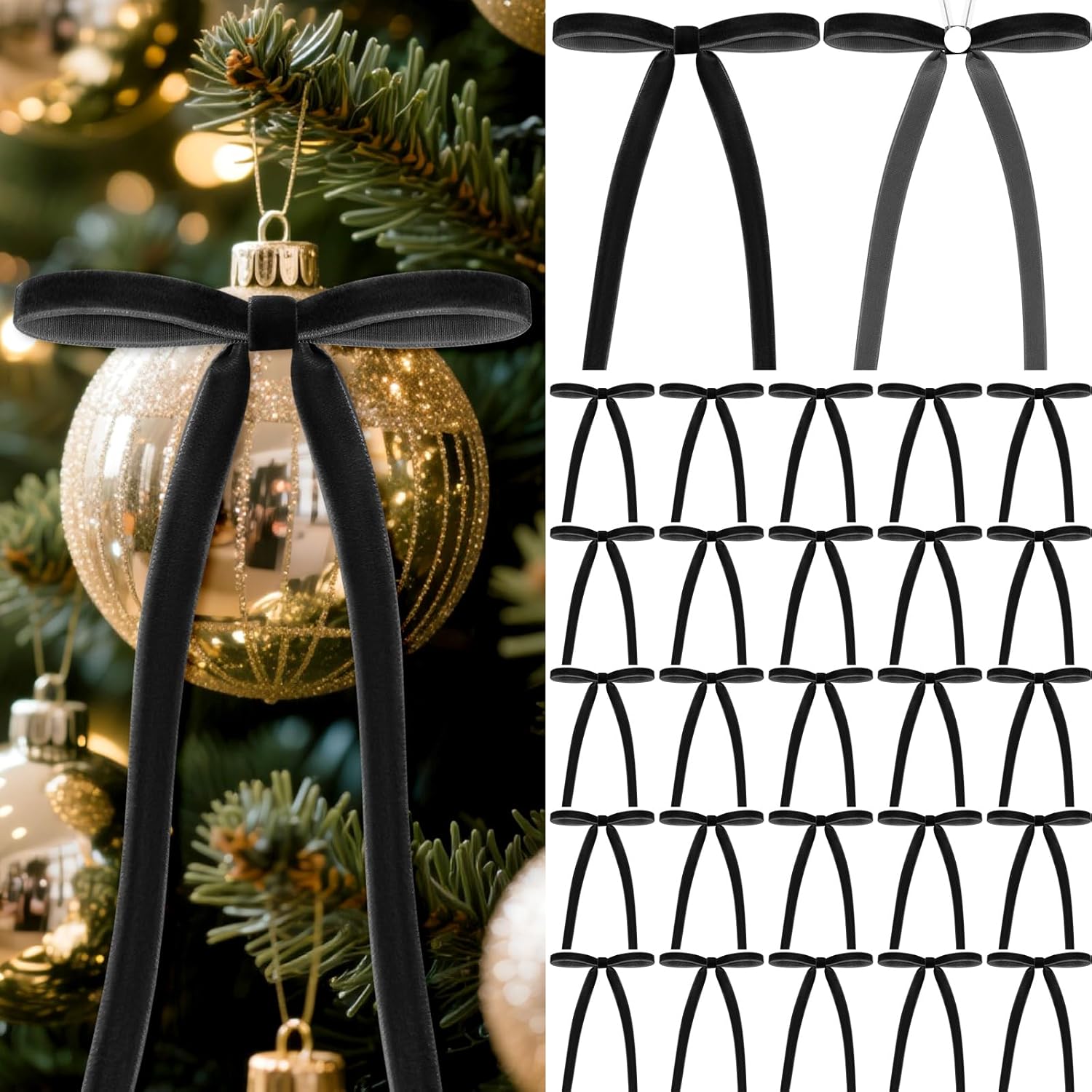 Skiennix Velvet Christmas Bows - 30 Pre-Tied Decorative Bows for Tree & Gift Packaging | Black, 5 x 7 Inch