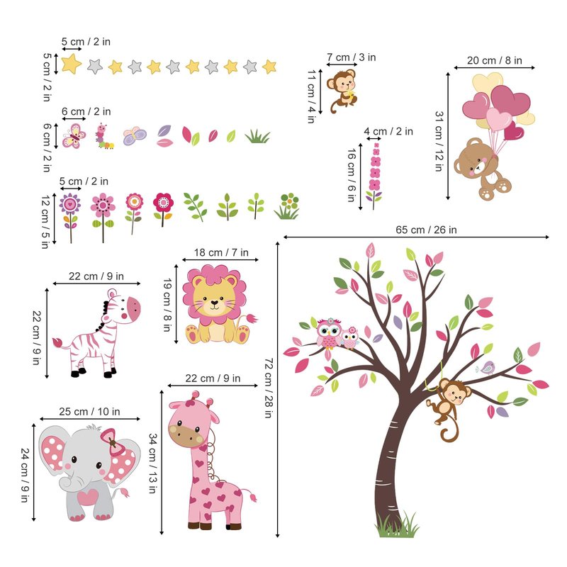 decalmile Pink Animal Tree Wall Decals Forest Lion Elephant Monkey Wall Stickers Girls Bedroom Baby Nursery Wall Decor