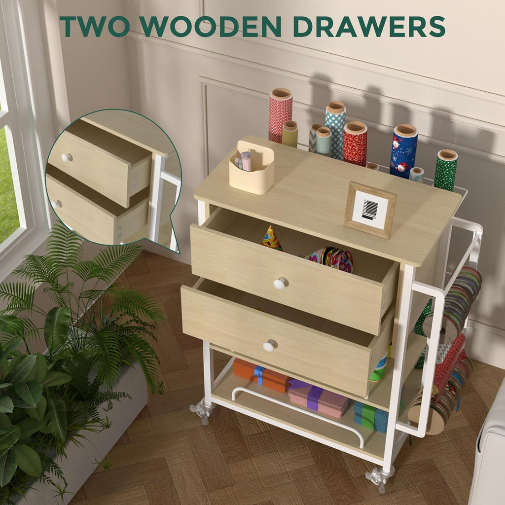 Skiennix Wrapping Paper Organizer - Craft Cart with Ribbon & Gift Bag Storage | Oak Finish, 2 Drawers