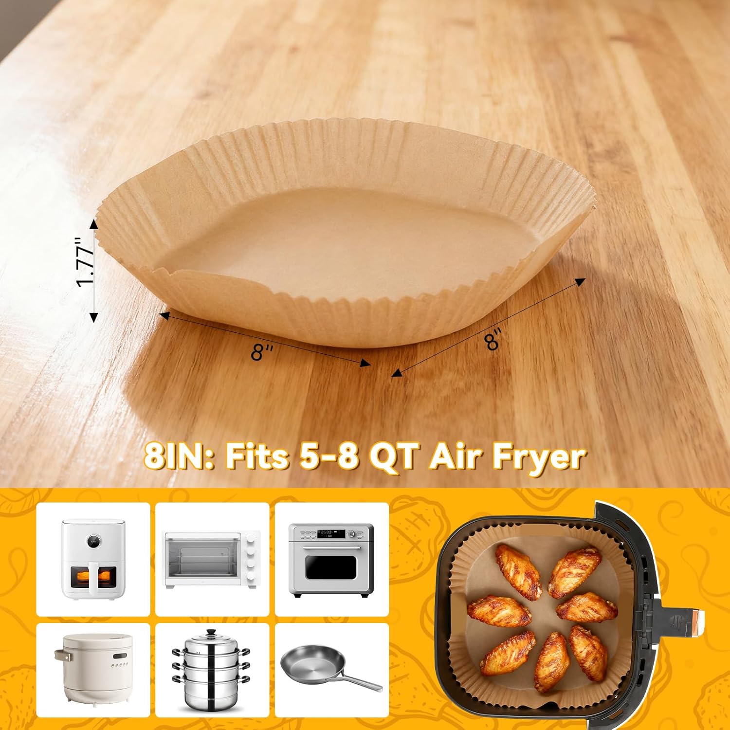 Skiennix Air Fryer Paper Liners - 400 Pcs Unbleached Non-Stick Parchment for 5-8 QT | 8 Inch Square