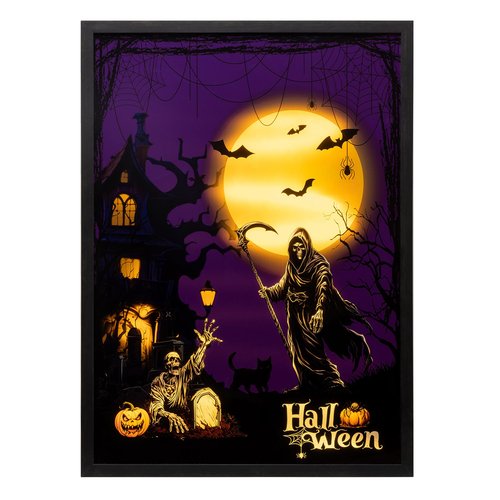 ArtbyHannah Lighted Halloween Wall Decor, Spooky Skeleton Wall Art with Gothic Haunted Mansion & Dark Academia Pictures for Kitchen Mantel Entryway Indoor Decorations (20×28 Inch)