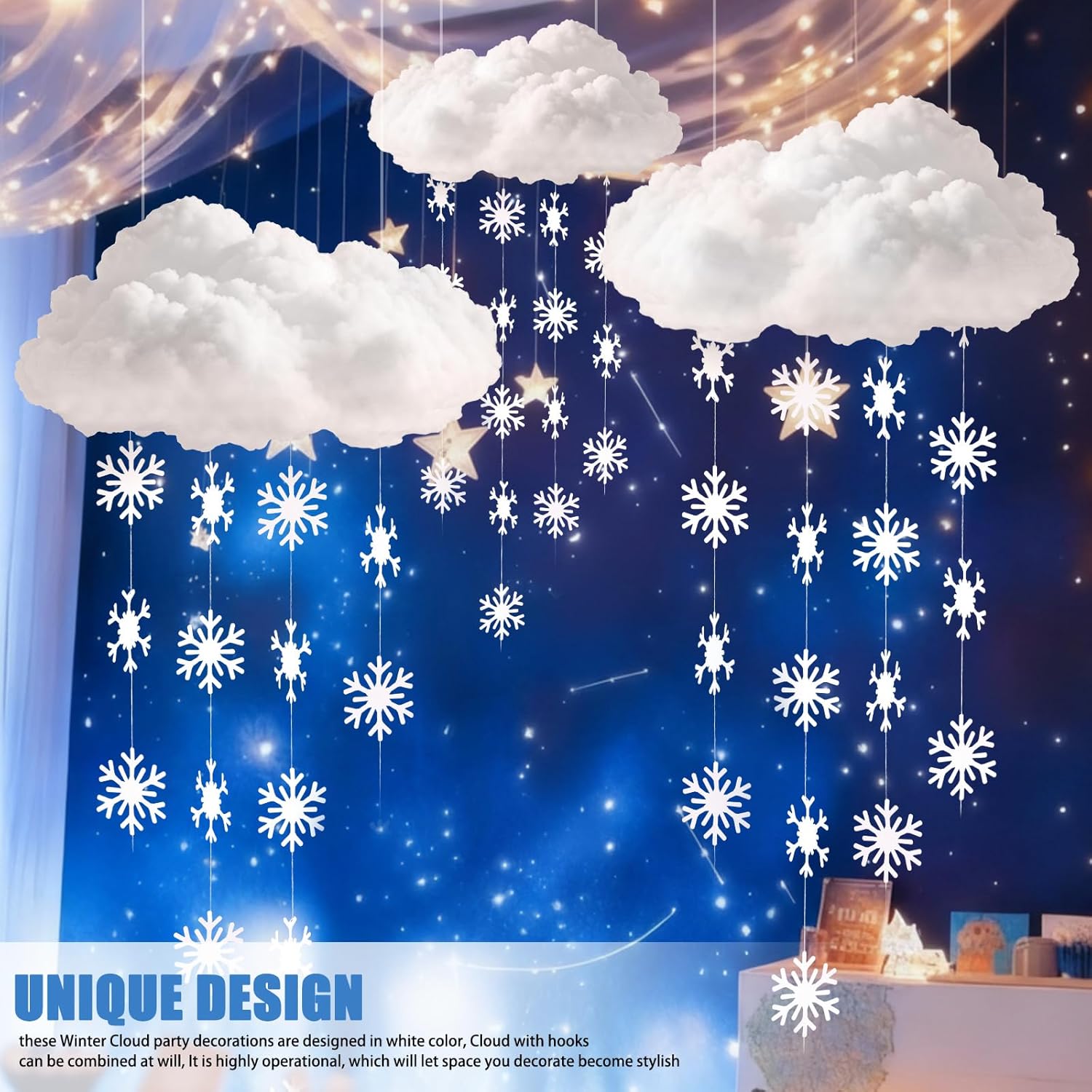 Wettarn 18 Pcs Winter Cloud Decorations - 3D Large Hanging Ornaments with Snowflakes for Parties