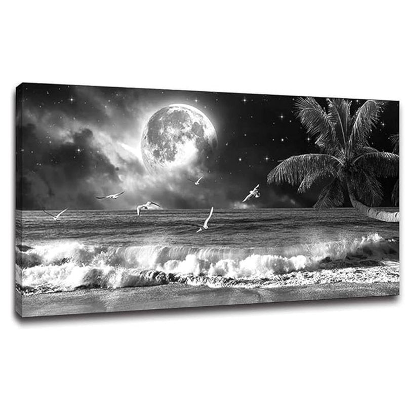 Yxbhhym Black and White Ocean Wall Art Moon Sea Beach Canvas Print Art Ocean Paintings Seascape Poster Wall Pictures Landscape Palm Artwork for Wall Living Room Decor Framed-20x40inches
