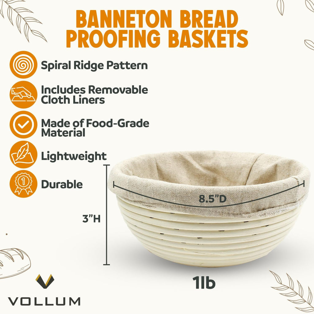 Vollum Banneton Sourdough Proofing Basket - Handwoven Rattan Cane for Artisan Breads | 8.5 x 3 In, 1-Pound Round