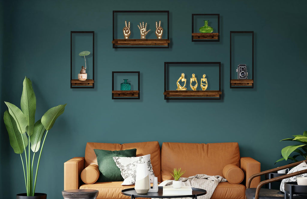 takor 6 Sets Rustic Floating Shelves,Wooden Storage Shelf with Metal Frame, Wall-Mounted Wood Display, Wall Hanging Decor, Home Decor for Living Room, Bedroom, Kitchen, Office