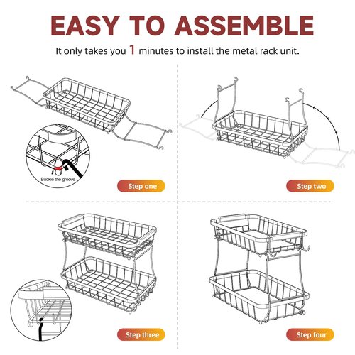 Sevenblue 2 Tier Large Fruit Basket for Kitchen Counter with 2 Mobile Banana Hangers, 2026 Pro Detachable Metal Fruit Bowl with Wooden Handle (Silver, 3 Tier)