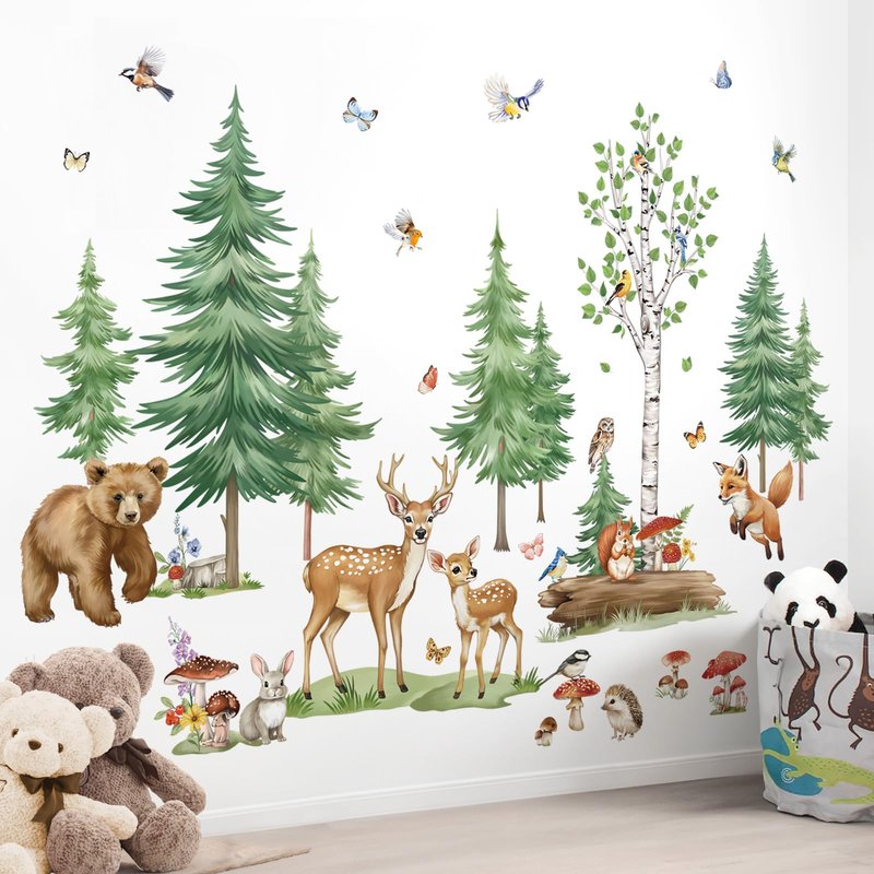 wondever Large Pine Tree Woodland Animals Wall Stickers Forest Birch Bear Deer Fox Peel and Stick Wall Art Decals for Baby Nursery Kids Bedroom