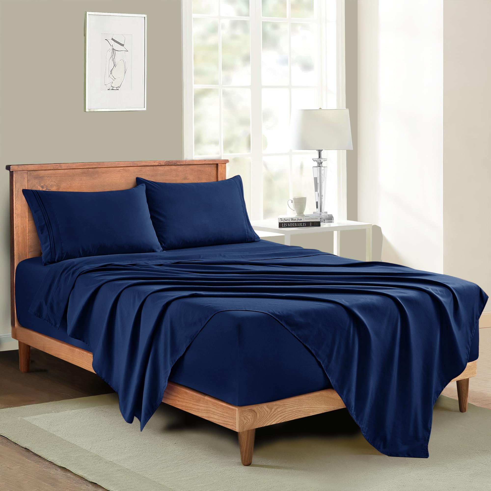 Manyshofu Extra Deep Pocket King Size Sheets - Hotel Luxury 1800 Thread Count Sheets & Pillowcases - Microfiber Bedding Set up to 24" Mattress - Navy Blue Bed Sheets 18-24 Inch Deep Pockets - 4 Piece
