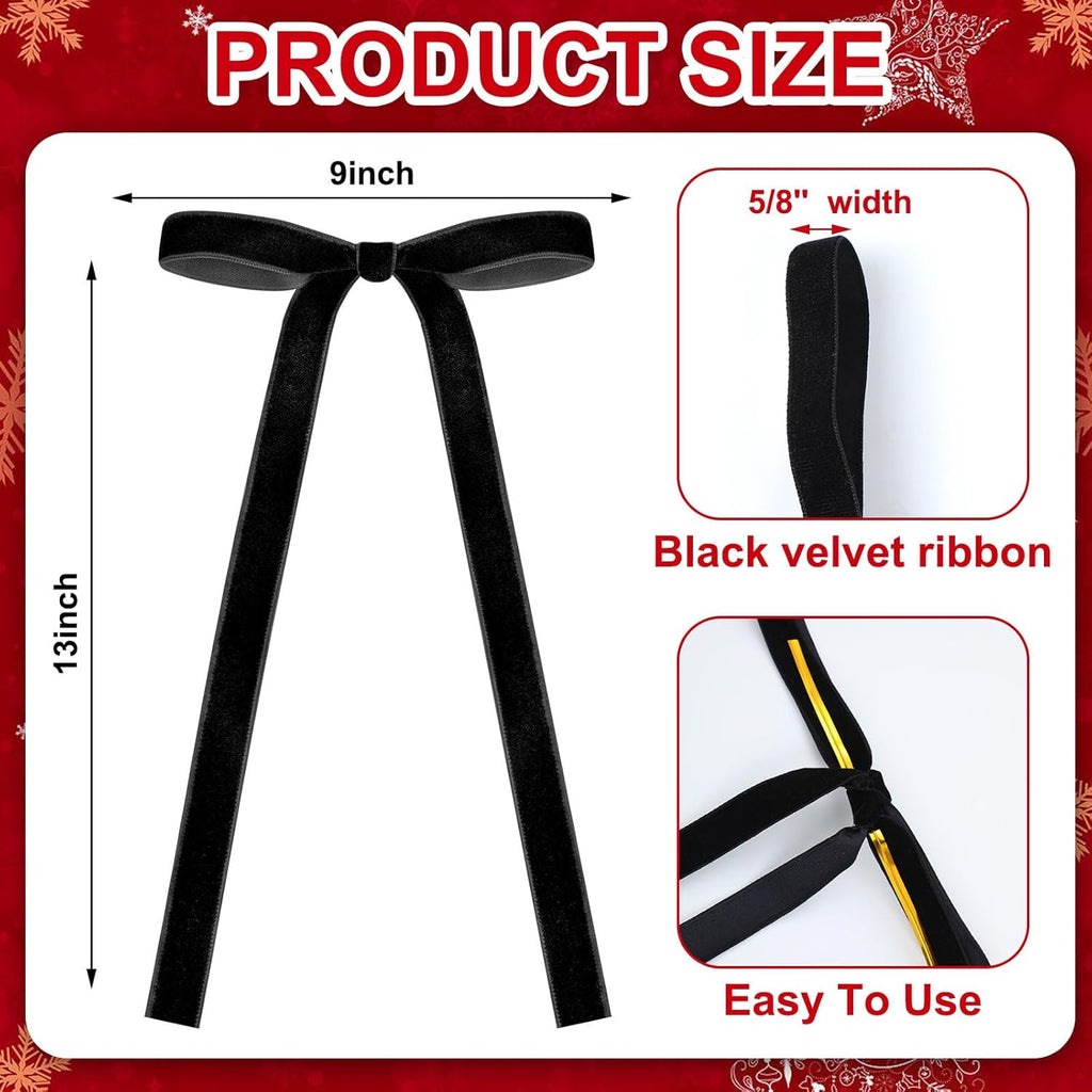 Skiennix 24 Pcs Velvet Bows - Vintage Ribbon Bows for Christmas Tree & Crafts | Black, 9 x 13 Inch