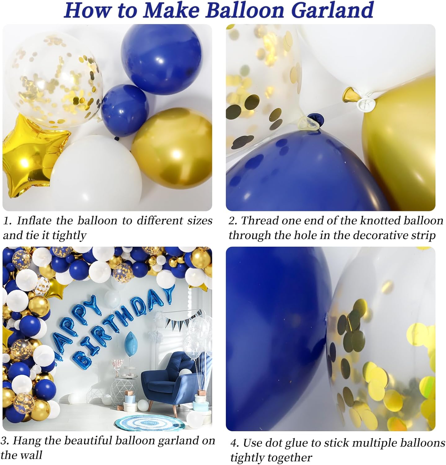 RUBFAC Royal Blue Gold Balloon Garland Arch Kit - Metallic & Star Foil Balloons for Graduation & Parties