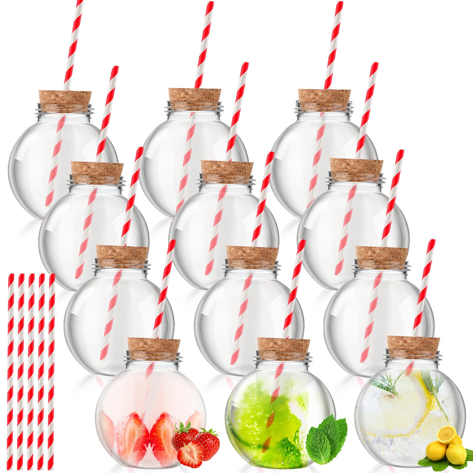 Yaomiao 24 Pcs 10oz/ 300ml Plastic Potion Bottles Empty for Drinks Mini Plastic Fish Bowl Ornament Cups Spherical Patron Bottle with Cork and Straws Bulb Cups for Carnival Party(Red)