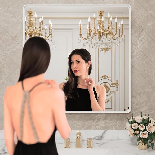 LOAAO 36x36 Inch White Metal Framed Bathroom Mirror - Large Rounded Rectangle, Anti-Rust Tempered Glass, Versatile Hanging Options