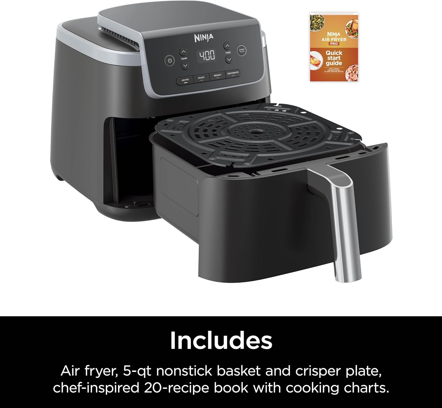 Ninja Air Fryer - 5 QT Capacity for 4lbs of Fries | 4-in-1 Pro Air Fry, Roast, Reheat, Dehydrate | 400°F Max Temp | 1750 Watts | Grey