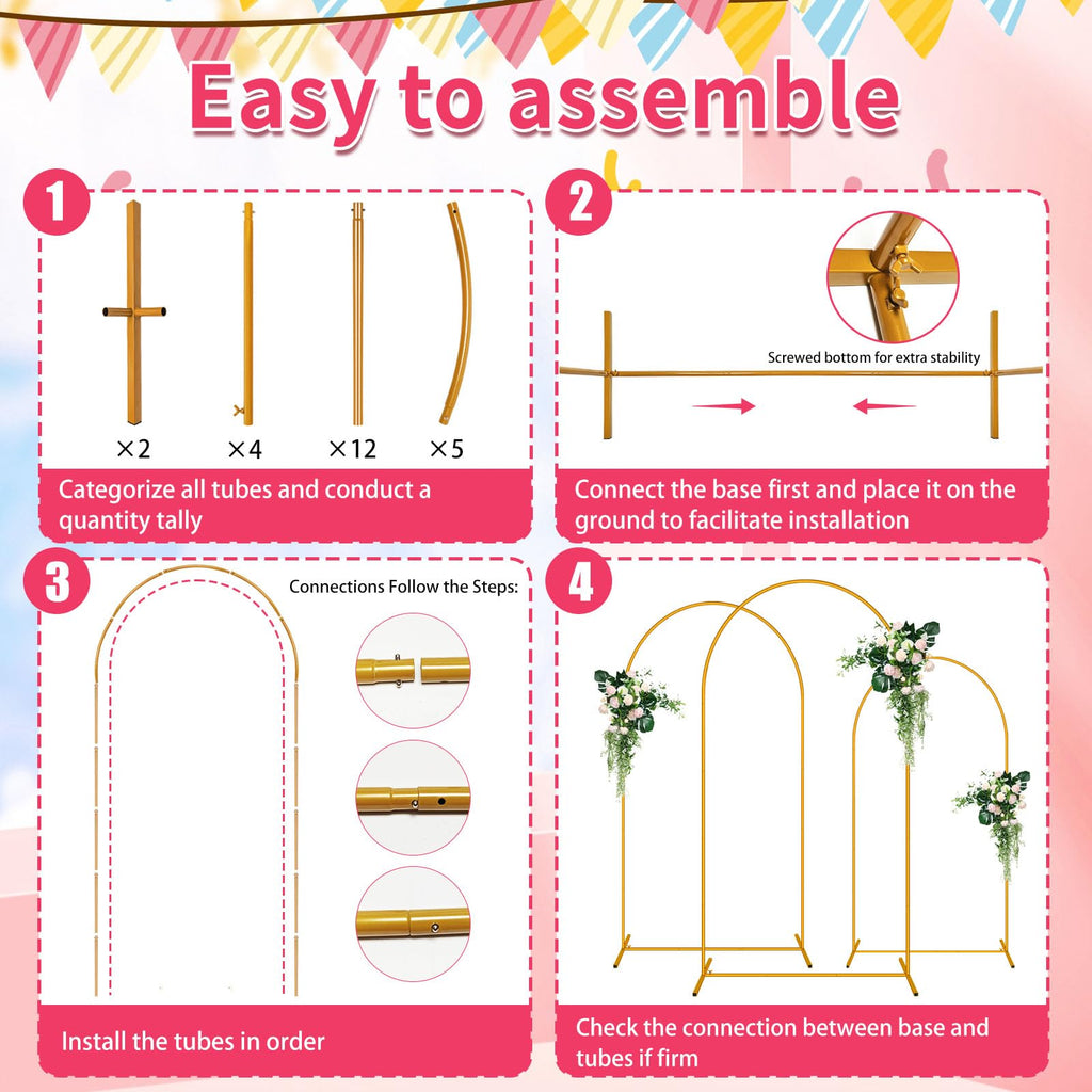 3 Pack Arch Backdrop Stand (7.2FT/6.6FT/6FT), Balloon Arch Stand with Base, Metal Arch Stand, Gold Baby Shower Backdrop Arch, Wedding Arch Frame