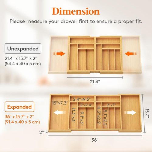 Lifewit Bamboo Silverware Drawer Organizer - Expandable 21.4 to 36 Inches | 13 Compartments for Utensils