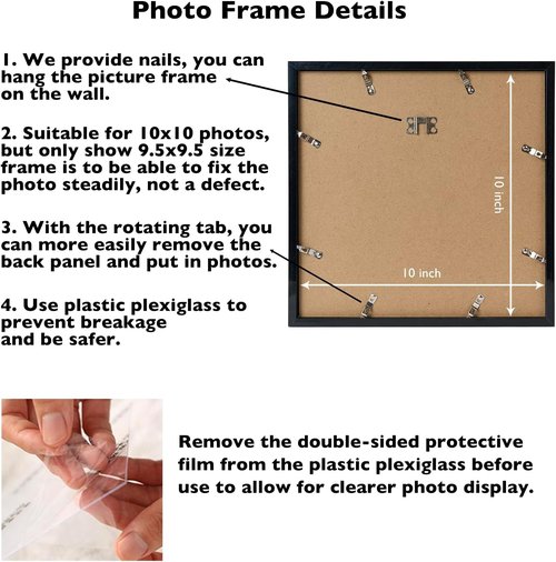 JCJMY 10x10 Black Picture Frame - Durable Wall Mount for Horizontal or Vertical Display | Shatter-Resistant Plexiglass