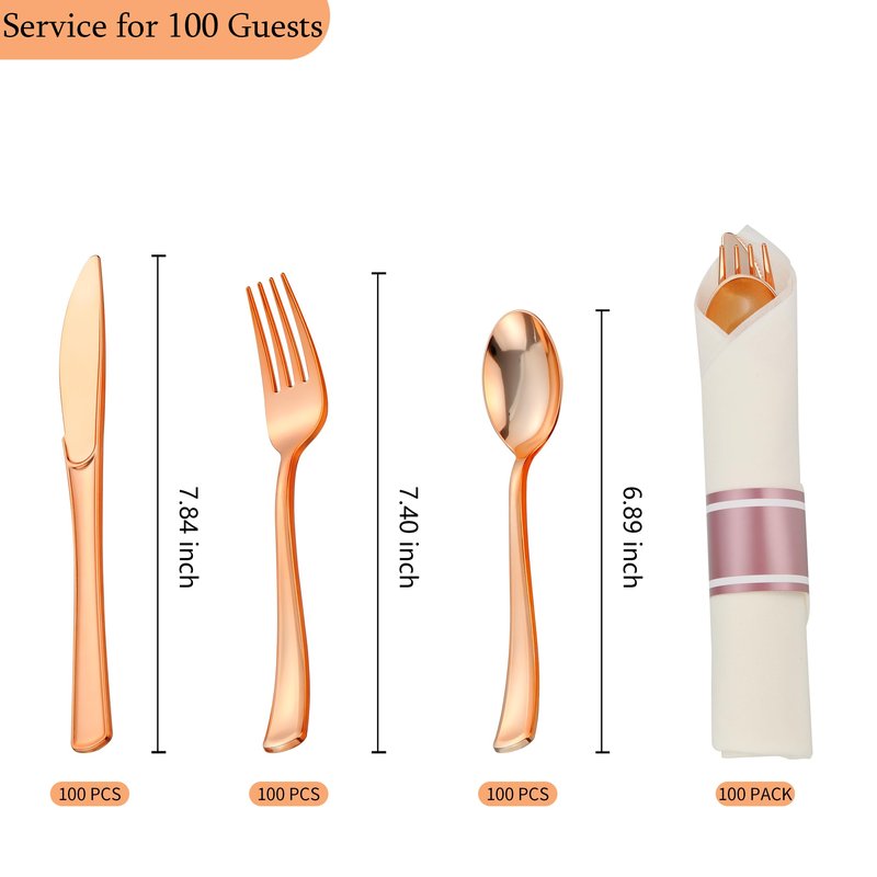 ISFANGCO 100 Pack Pre Rolled Rose Gold Plastic Silverware Set with Napkins,Disposable Wrapped Heavy Duty Cutlery Set for Wedding Birthday Party-100 Forks,Knives,Spoons,Utensils Set,Plasticware Bulk