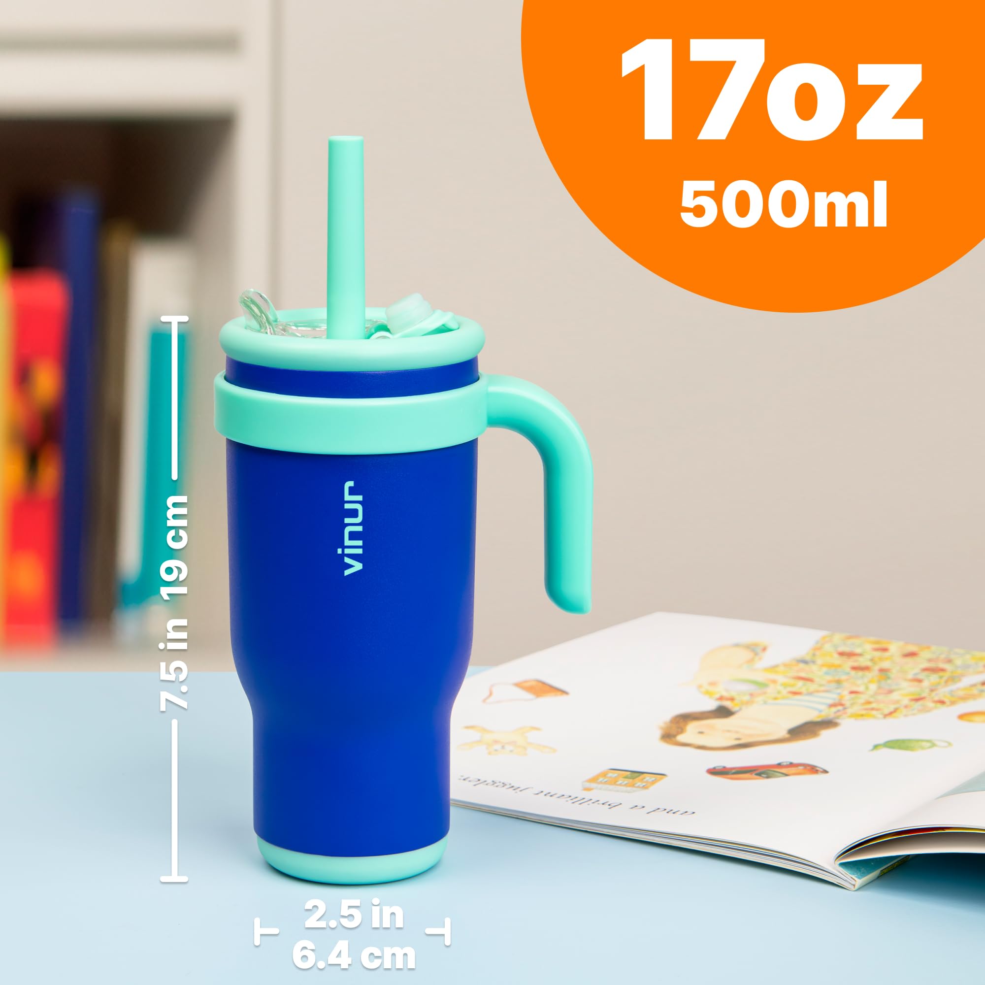 VINUR Insulated Tumbler with Handle 17 oz Stainless Steel Double Wall Vacuum Tumbler Travel Water Cup with Lid and Straw(Canyon Red-Navy)