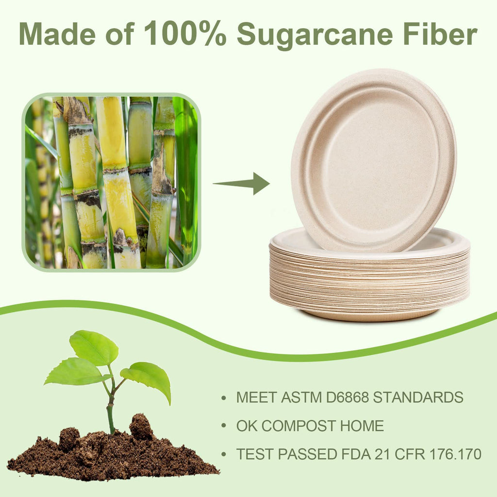 GREENESAGE Paper Plates 10 Inch Bulk, 50 Pack Compostable, Eco Friendly Heavy Duty, Made of Natural Sugarcane Fibers, Brown Paper Plates Large Sturdy