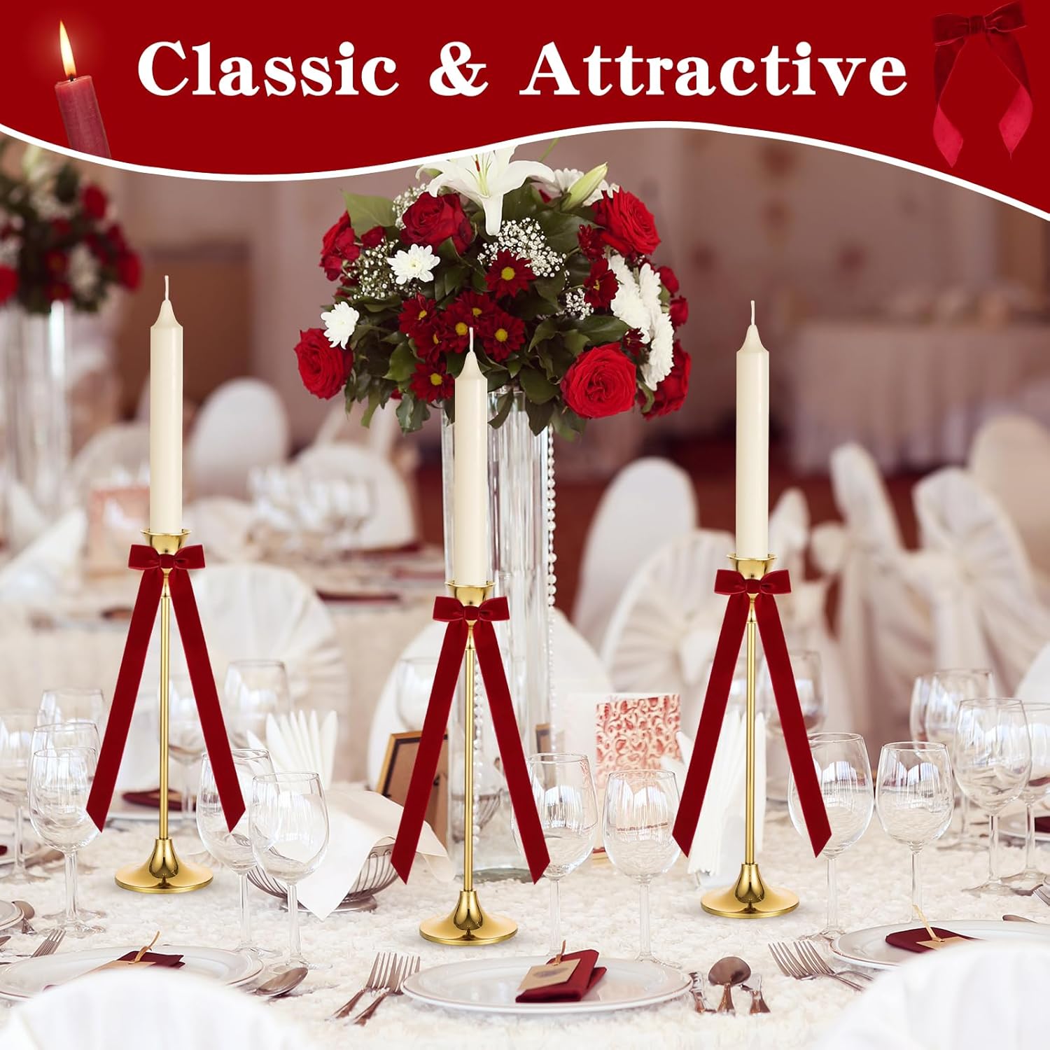 Regine Switzerland 12Pcs Red Christmas Candlestick Bows - 13 Inch Velvet Ribbon for Table Decor & Gift Wrapping