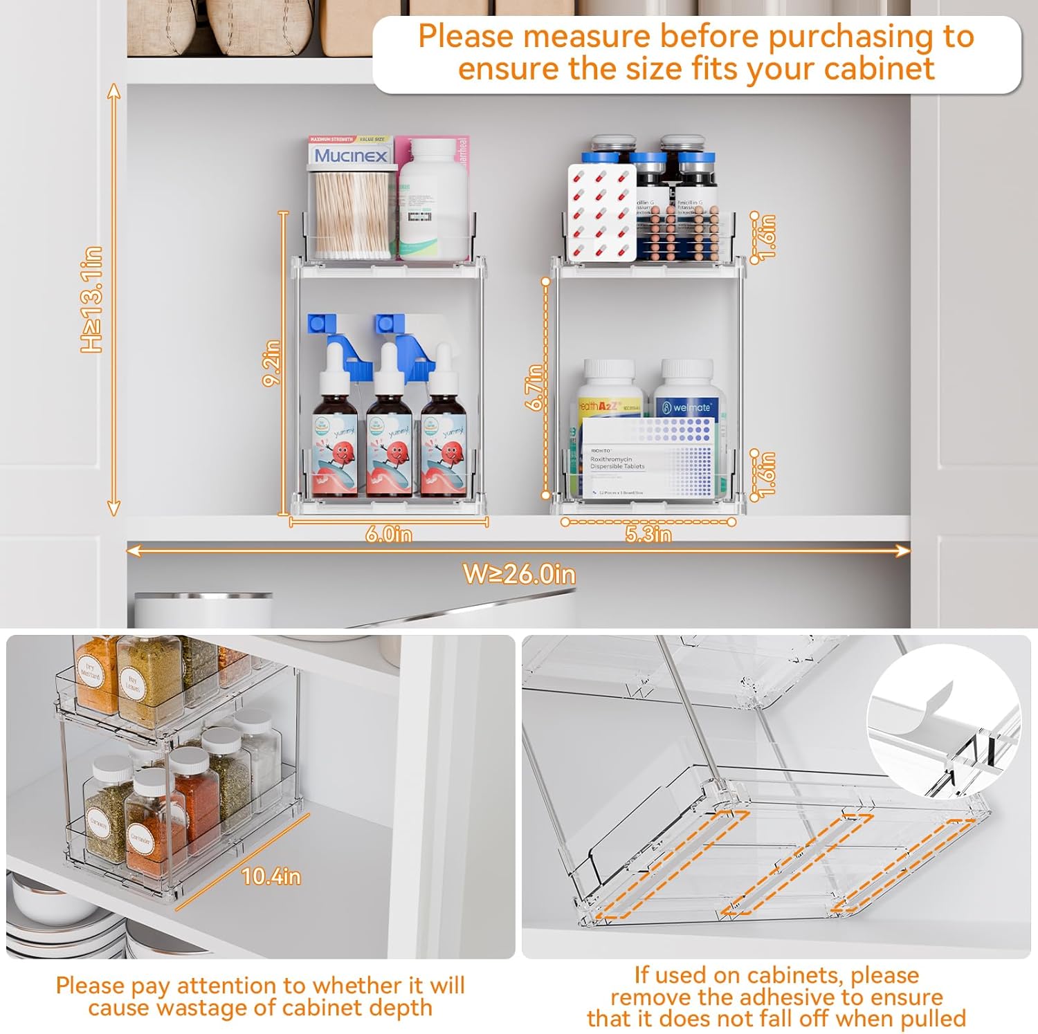 Yieach 4-Piece Bathroom Organizer Set - 2-Tier Clear Under Sink Storage & Pull-Out Drawers for Kitchen & Pantry
