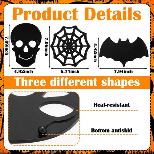 Reallnaive 3 Pcs Halloween Gothic Kitchen Decor Cast Iron Trivets for Hot Pans and Pots Metal Trivets for Hot Dishes Cast Iron Pan Holder Spooky Skull Bat Kitchen Accessories for Halloween