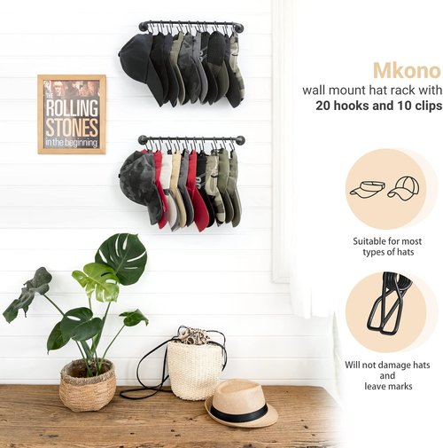 Mkono Hat Rack - Modern Wall-Mounted Cap Organizer with 20 Hooks | Set of 2 Black for Bedroom and Entryway