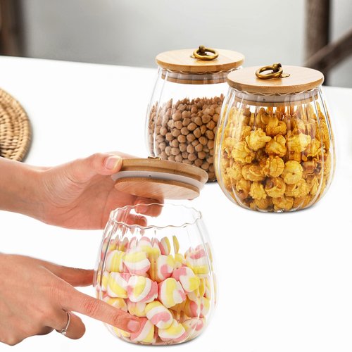 Frcctre 4 Pack 25 Oz Glass Airtight Storage Jar Glass Canister with Bamboo Lid, Decorative Petal Storage Container with Metal Handle for Dry Food, Tea, Cookie, Candy, Sugar, Nuts