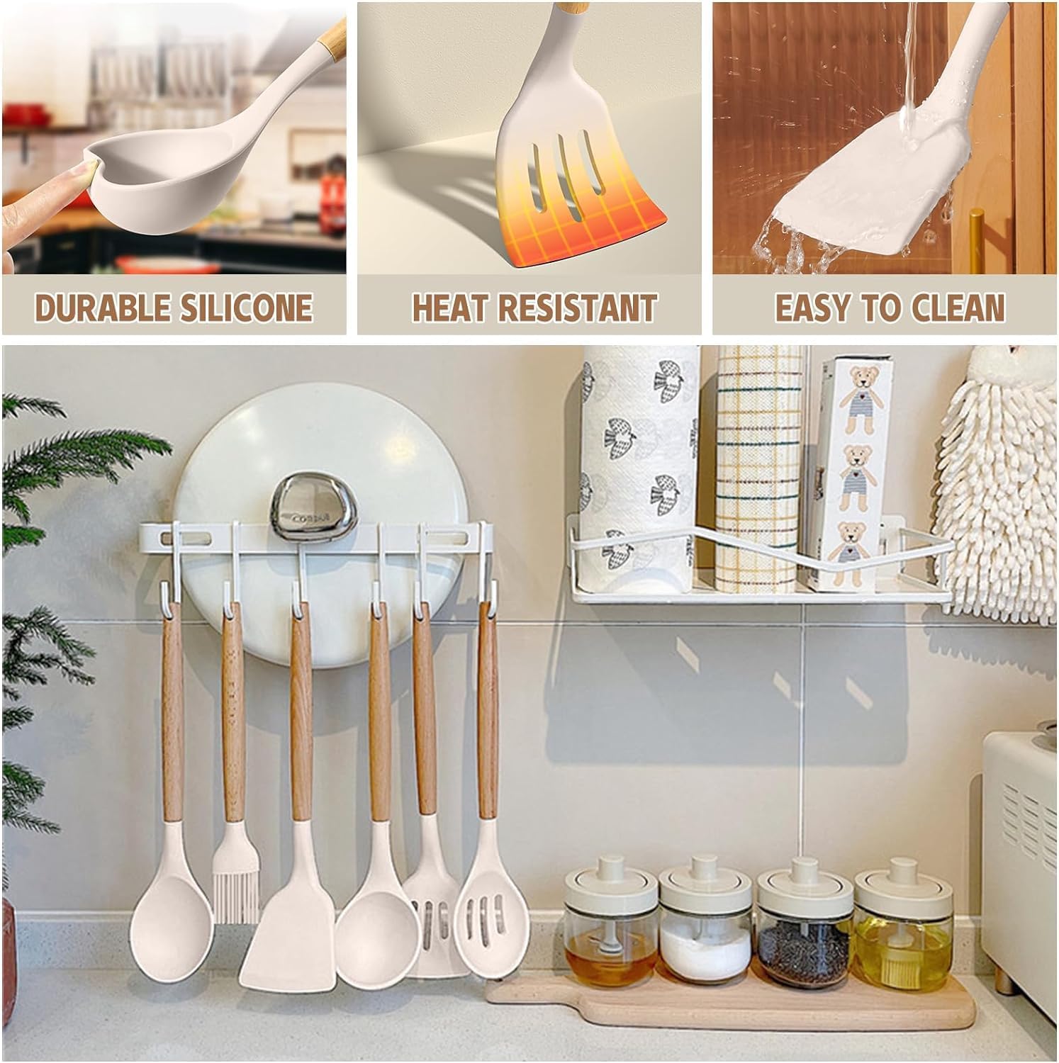 Umite Chef 33-Piece Non-Stick Silicone Cooking Utensils Set - Wooden Handle & Holder Included | Khaki