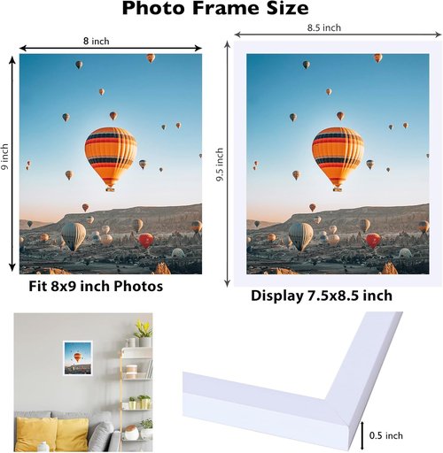 JCJMY 8x9 Picture Frame - White Wall Hanging & Tabletop Display | Shatter-Resistant Plexiglass
