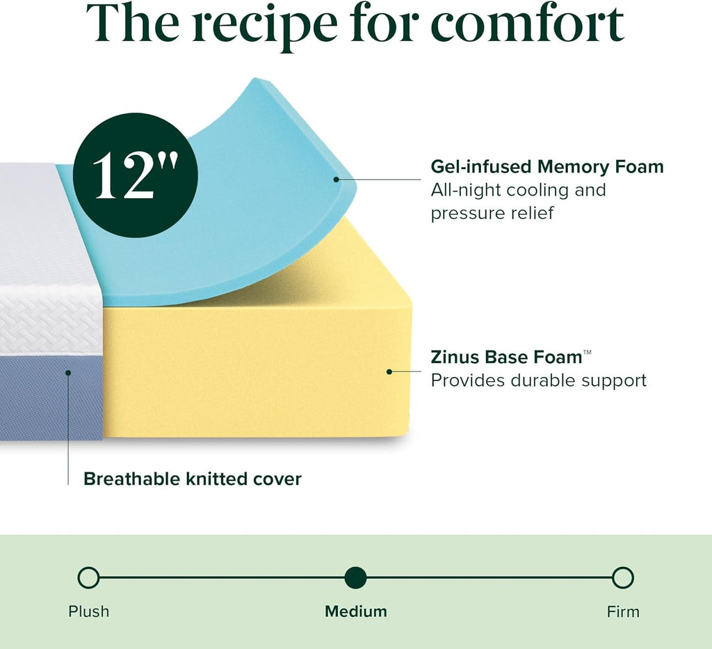 Zinus 12 Inch Queen Memory Foam Mattress - Cooling Comfort, Fiberglass Free, Medium Feel, Safe Materials