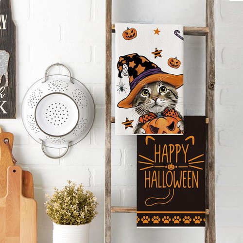Artoid Mode Pumpkin Cat Happy Halloween Kitchen Towels Dish Towels, 18x26 Inch Spider Web Jack-O'-Lantern Decoration Hand Towels Set of 2