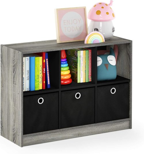 Furinno Basic 3x2 Cube Storage Bookcase - Stylish Organizer with Bins in French Oak Grey/Black