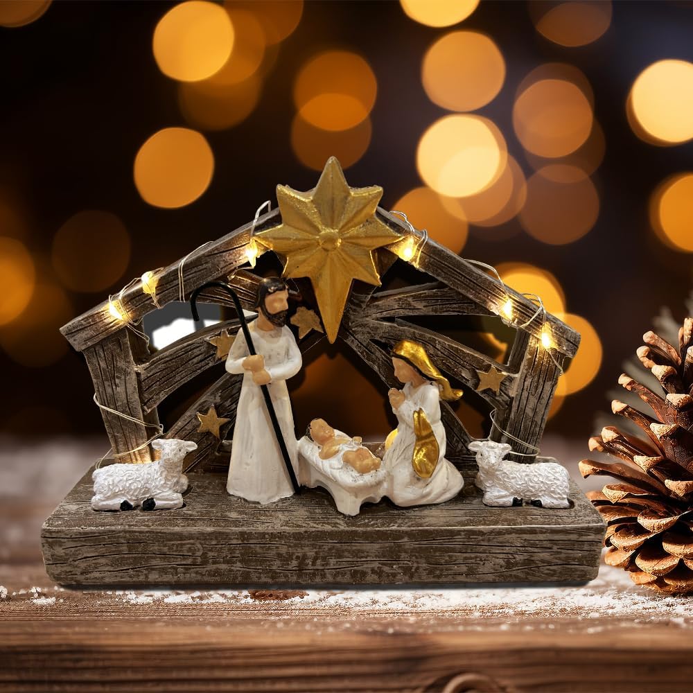 Nativity Scene - Hand-Painted Resin Figures with Lights | First Christmas Story Decoration