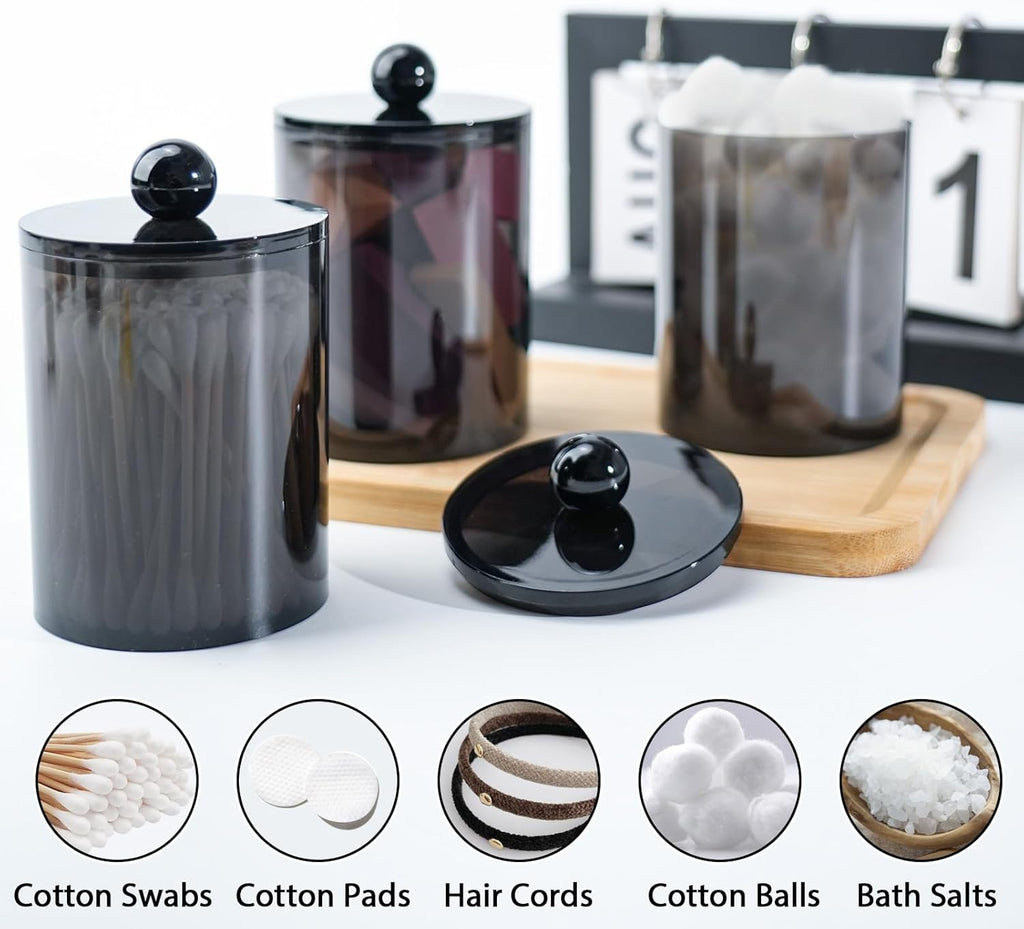 XIPENGKEJI Qtip Holder Canister Set - 2+4 Pack Bathroom Jars with Lids for Cotton Swabs & Pads | Black 10oz-12oz