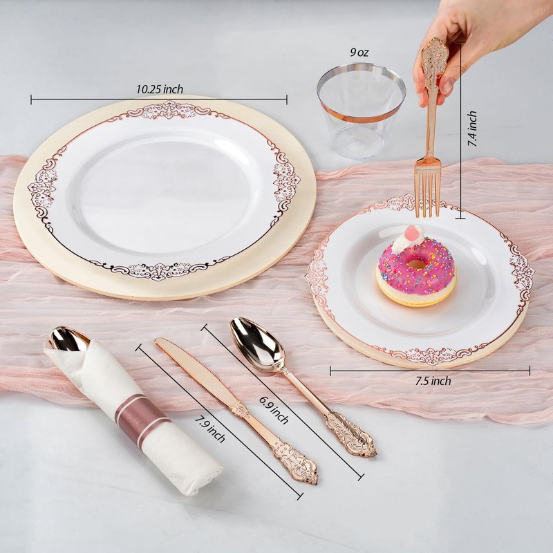 Bestluck 350PCS Rose Gold Plastic Plates for 50 Guests, Disposable Dinnerware Sets Include 100 Rose Gold Rim Plastic Plates, 50 Silverware and Cups, 50 Pre Rolled Napkins for Party, and Graduation