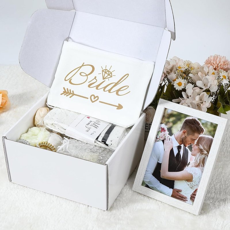 WEDNGGF Bride to Be Gifts for Bridal Shower Engagement & Bachelorette Gift Box for Future Mrs Includes Wooden Photo Frame, Coffee Mug, Real Gold Rimmed Ring Dish, Stainless Steel Tumbler & Spa Set