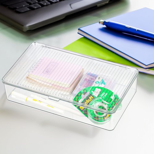 ZEXALOR Clear Plastic Storage Bin with Lid, Organizer for Pantry, Office, Bathroom, Kitchen, Snack, Tea Bag, Coffee Container (Small)