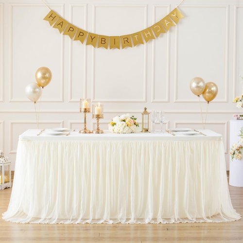 2 Pack 8ft Ivory Tulle Tablecloths for Rectangle Tables, 8 Foot Ivory Rectangular Table Cloth Wrinkle Free Tablecover with Tutu Skirt for Wedding Baby Shower Birthday Party Banquet Buffet Cake