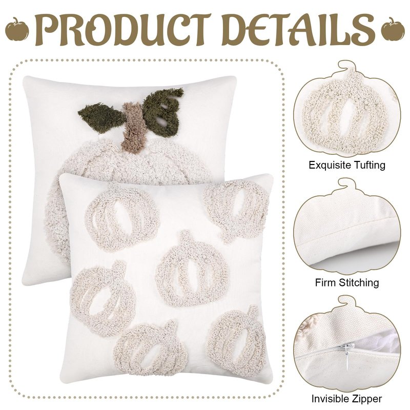 2 PCS Pumpkin Pillow Covers Fall Pillow Covers Autumn Halloween Thanksgiving 18x18 Inch Square Beige White Linen Embroidered Throw Pillow Cases Soft Decor for Sofa Bed Couch Living Room Farmhouse Home