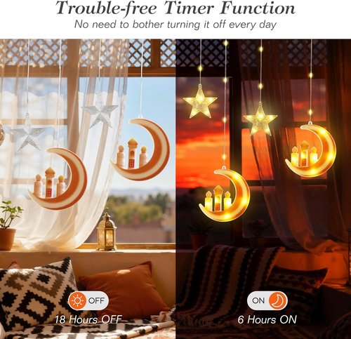 Lewondr LED Moon Castle Fairy Lights - 138 String Lights with Remote Control & Timer | Orange Ramadan Decor