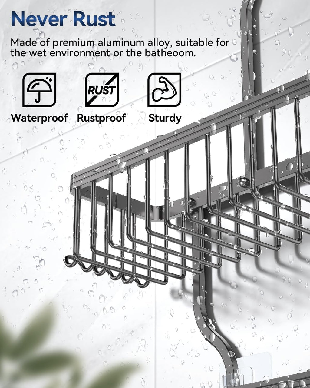 YASONIC Shower Caddy - Rust-Proof Aluminum Organizer with 10 Hooks & Soap Basket - Grey