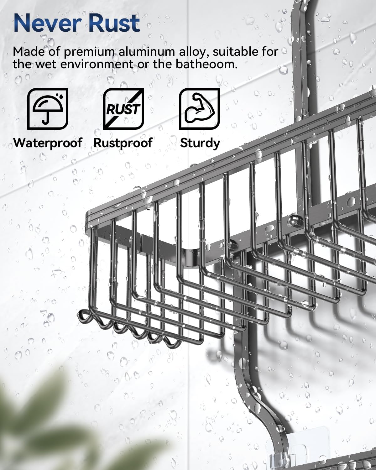 YASONIC Shower Caddy - Rust-Proof Aluminum Organizer with 10 Hooks & Soap Basket - Grey