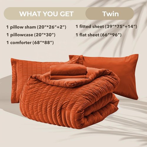 HYMOKEGE Twin Comforter Set - Burnt Orange Seersucker 5-Piece Luxury Bedding | All-Season Bed in a Bag
